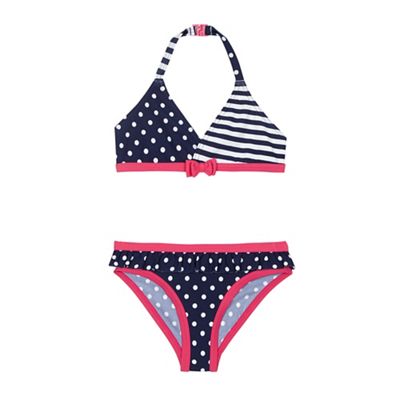 Girls' navy and pink spotted and striped bikini set